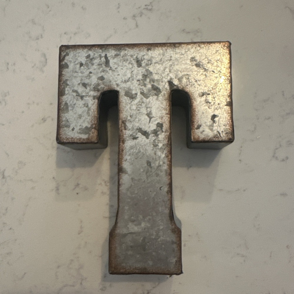 Galvanized Metal Rustic Decorative Letter T Wall Decor Sign Gray 3D Effect.